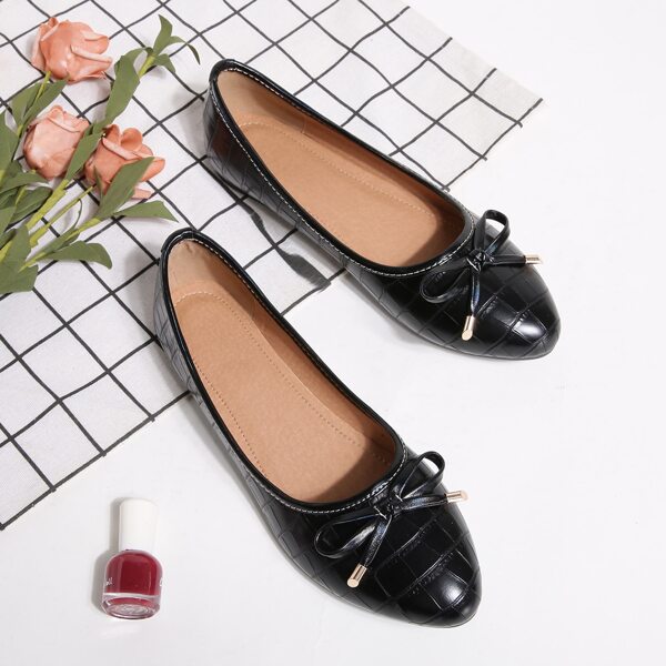 

Crocodile Embossed Bow Decor Ballet Flats, Black