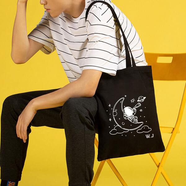 

Men Cartoon Graphic Canvas Tote Bag, Black