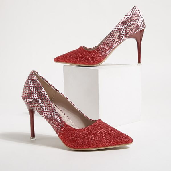 

Snakeskin Glitter Decor Court Pumps, Red