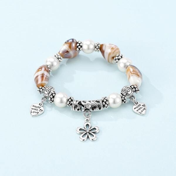 

Heart Charm Beaded Bracelet, Multicolor