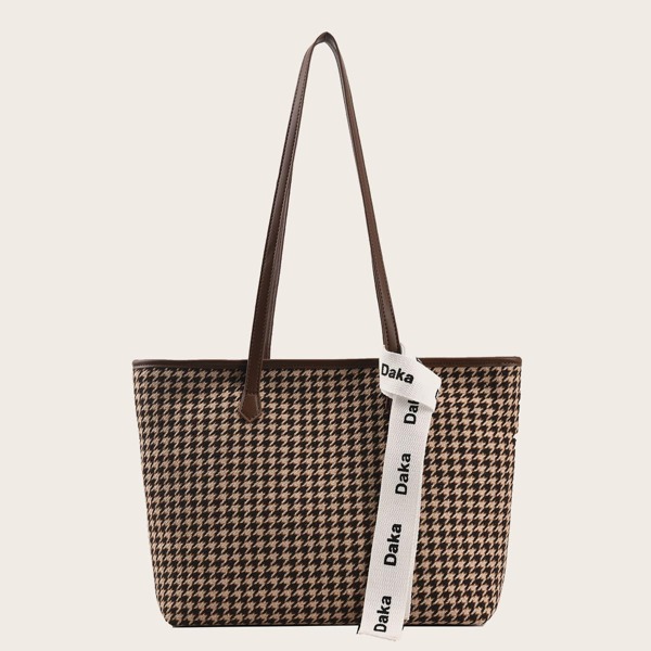

Houndstooth Pattern Lace Up Decor Shoulder Tote Bag, Multicolor