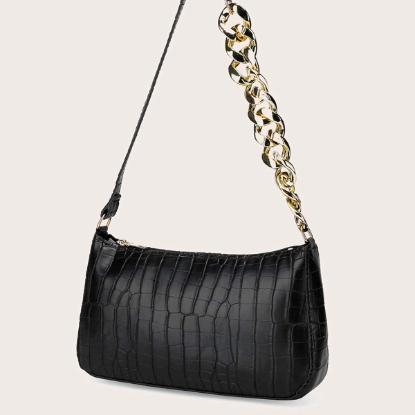 

Crocodile Embossed Chain Decor Baguette Bag, Black
