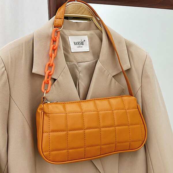 

Minimalist Plaid Baguette Bag, Orange
