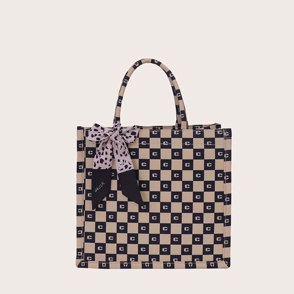 

Colorblock Twilly Scarf Letter Graphic Plaid Tote Bag, Multicolor