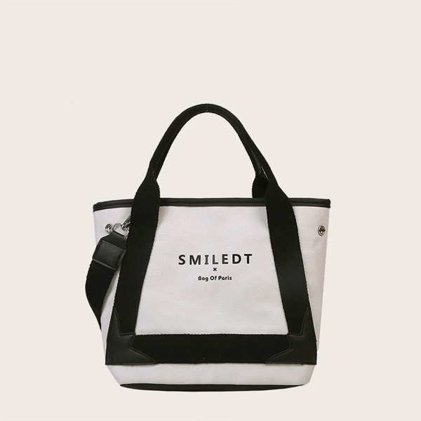 

Colorblock Letter Graphic Bucket Bag, Black and white