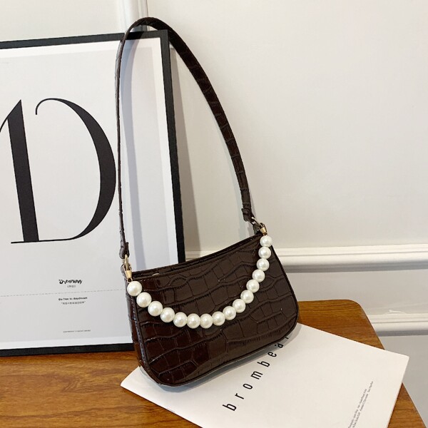 

Faux Pearl Decor Crocodile Embossed Baguette Bag, Coffee brown