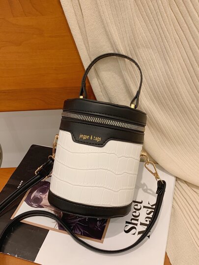 迷你双色鳄鱼压纹水桶包，日常通勤，旅行，度假，街头购物，多色缝线，抽绳，色块缝线，PU 材质水桶包，色块缝线