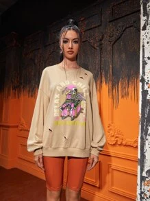 Nomouthh 骷髏和字母圖案鏤空落肩袖套頭衫 - 杏色 - 查看 3