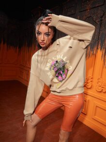 Nomouthh 骷髏和字母圖案鏤空落肩袖套頭衫 - 杏色 - 查看 5