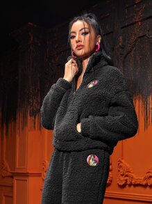 EricaRivera Áo nỉ Hình Thêu Dây kéo mặt trước Teddy - màu đen - Xem 1