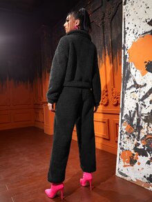 EricaRivera Áo nỉ Hình Thêu Dây kéo mặt trước Teddy - màu đen - Xem 2