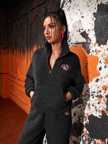 EricaRivera Áo nỉ Hình Thêu Dây kéo mặt trước Teddy - màu đen - Xem 6