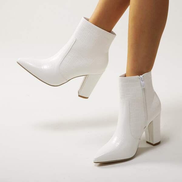 

Crocodile Embossed Side Zipper Chunky Classic Boots, White