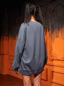 tedcreation Drop Shoulder Letter & Skeleton Graphic Sweatshirt - Dark Grey - View 2