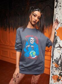 tedcreation Drop Shoulder Letter & Skeleton Graphic Sweatshirt - Dark Grey - View 3