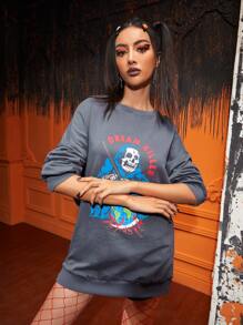 tedcreation Drop Shoulder Letter & Skeleton Graphic Sweatshirt - Dark Grey - View 4