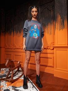 tedcreation Drop Shoulder Letter & Skeleton Graphic Sweatshirt - Dark Grey - View 5