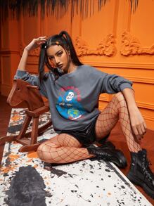 tedcreation Drop Shoulder Letter & Skeleton Graphic Sweatshirt - Dark Grey - View 6