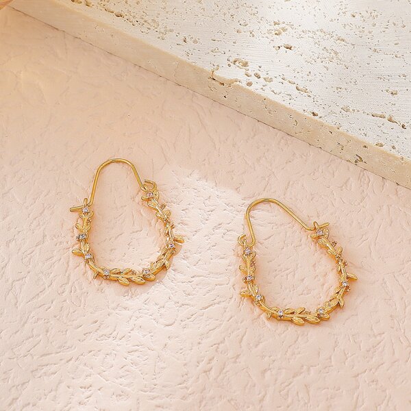 

Rhinestone Leaf Decor Hoop Earrings, Gold