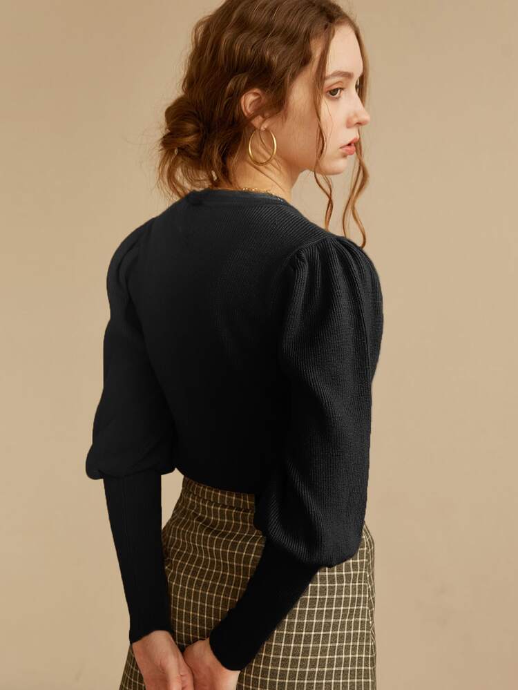 Women's Loose Knit Sweater, Elegant Round Neck Long Sleeve Pullover, Minimalist Palace Style Puff Sleeve Top For Christmas & New Year