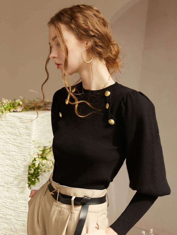 Women's Loose Knit Sweater, Elegant Round Neck Long Sleeve Pullover, Minimalist Palace Style Puff Sleeve Top For Christmas & New Year