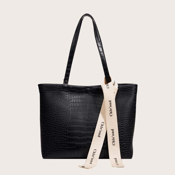 

Crocodile Embossed Lace Up Decor Shoulder Tote Bag, Black