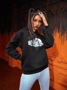 Shortnsply Drop Shoulder Drawstring Letter & Skeleton Graphic Hoodie - Black - View 1