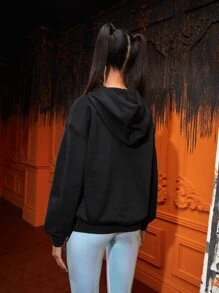 Shortnsply Drop Shoulder Drawstring Letter & Skeleton Graphic Hoodie - Black - View 2