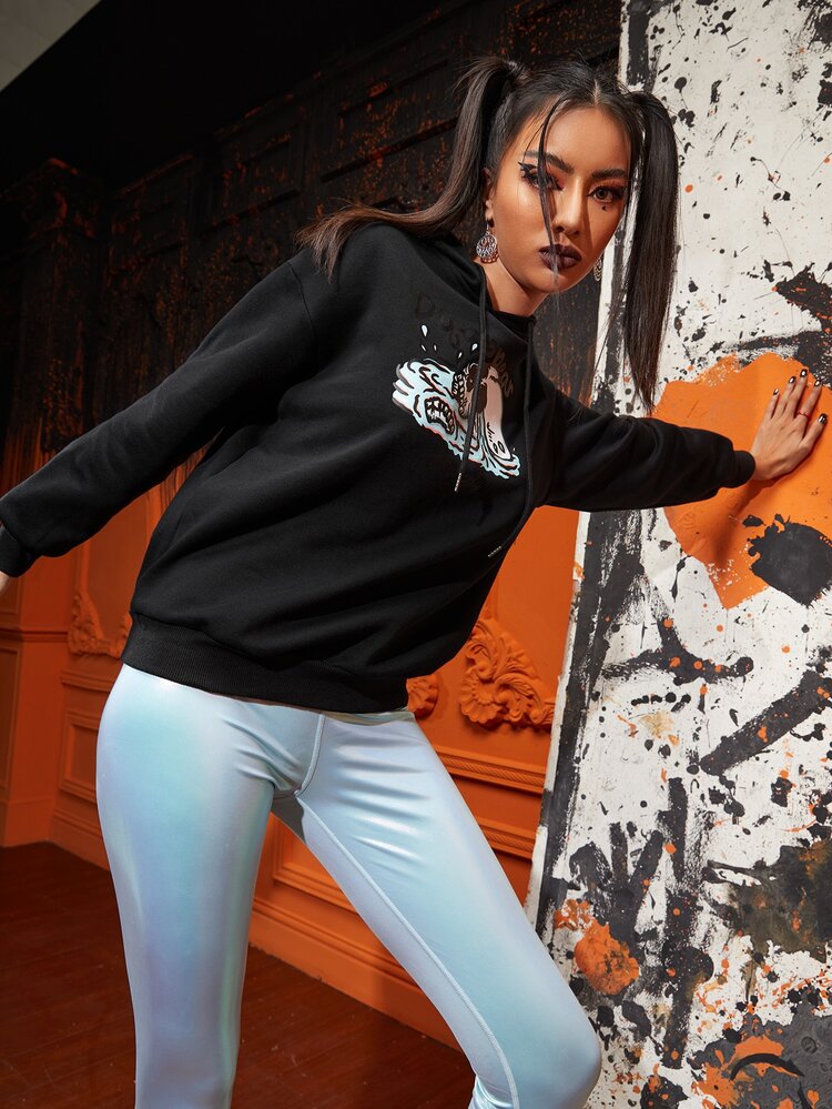 Shortnsply Drop Shoulder Drawstring Letter & Skeleton Graphic Hoodie - Black - View 6