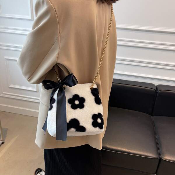 

Floral Graphic Bow Decor Fluffy Bucket Bag, Black and white