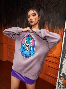 tedcreation Skeleton Print Drop Shoulder Hoodie - Dusty Purple - View 1
