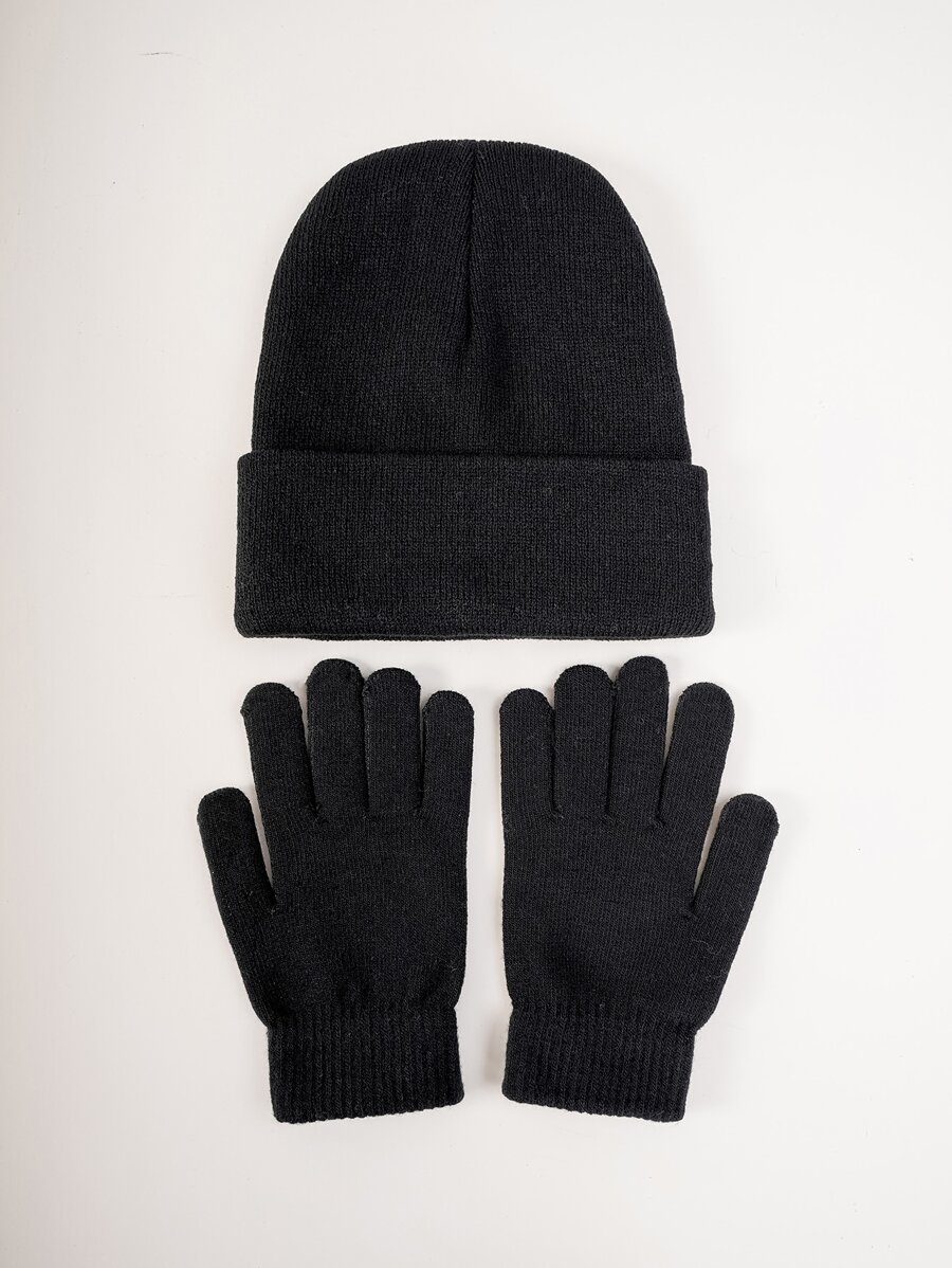 Bộ mũ len và găng tay trơn màu - Quà tặng Valentine - màu đen - Xem 1