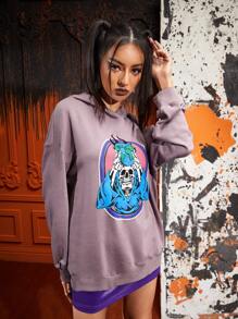 tedcreation Skeleton Print Drop Shoulder Hoodie - Dusty Purple - View 3