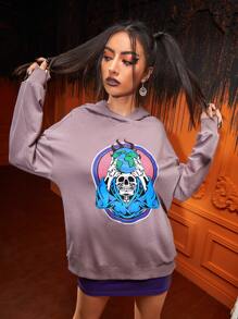 tedcreation Skeleton Print Drop Shoulder Hoodie - Dusty Purple - View 4