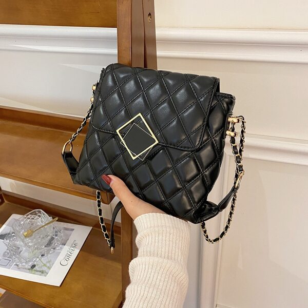

Quilted Metal Lock Square Bag, Black
