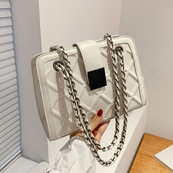 

Geometric Graphic Chain Square Bag, Beige