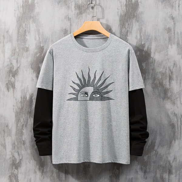 

Men Figure & Sun Print 2 In 1 Tee, Grey