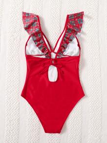 Bañador una pieza Navidad ribete con fruncido - Rojo - Ver 2