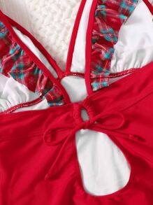 Bañador una pieza Navidad ribete con fruncido - Rojo - Ver 3