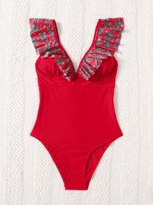 Bañador una pieza Navidad ribete con fruncido - Rojo - Ver 4