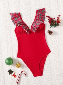 Bañador una pieza Navidad ribete con fruncido - Rojo - Ver 1