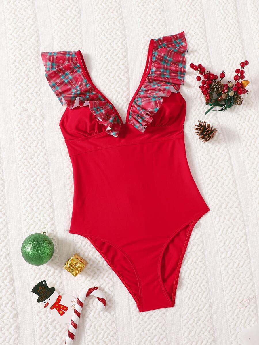Bañador una pieza Navidad ribete con fruncido - Rojo - Ver 1