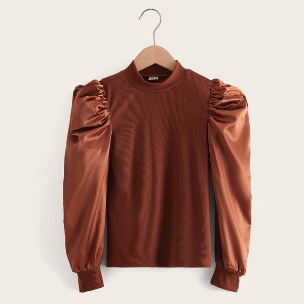 

Girls Puff Sleeve Rib Knit Top, Rust brown