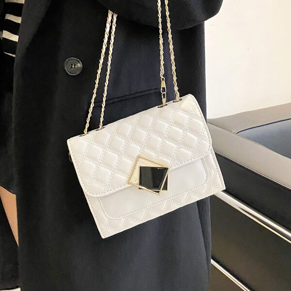 

Minimalist Quilted Chain Flap Square Bag, White