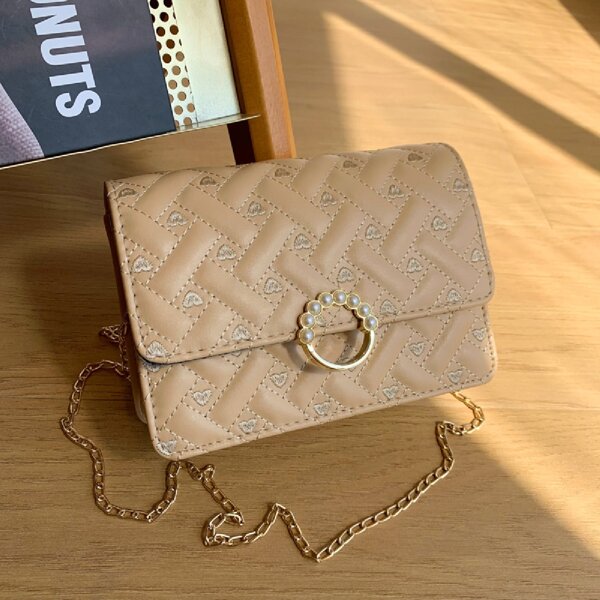 

Heart Embroidery Textured Flap Square Bag, Khaki
