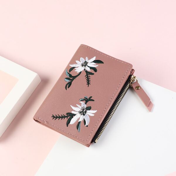 

Flower Embroidery Small Wallet, Pink