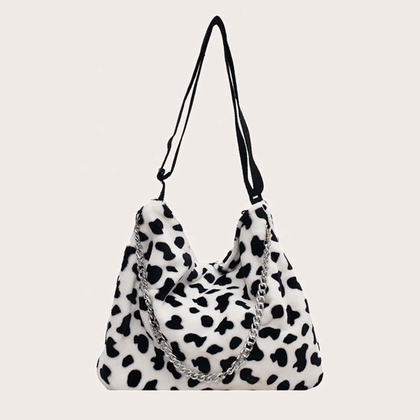 

Cow Pattern Chain Fluffy Crossbody Bag, Black and white