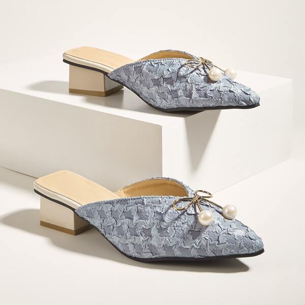 

Bow Decor Textured Chunky Mules, Blue