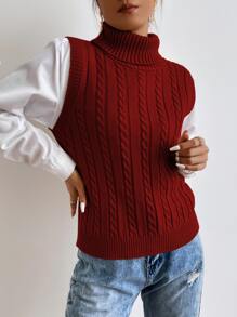 High Neck Cable Knit Sweater Vest - Burgundy - View 5
