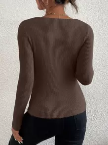 Elyressa Solid Rib Knit V Neck Jumper - Coffee Brown - View 2